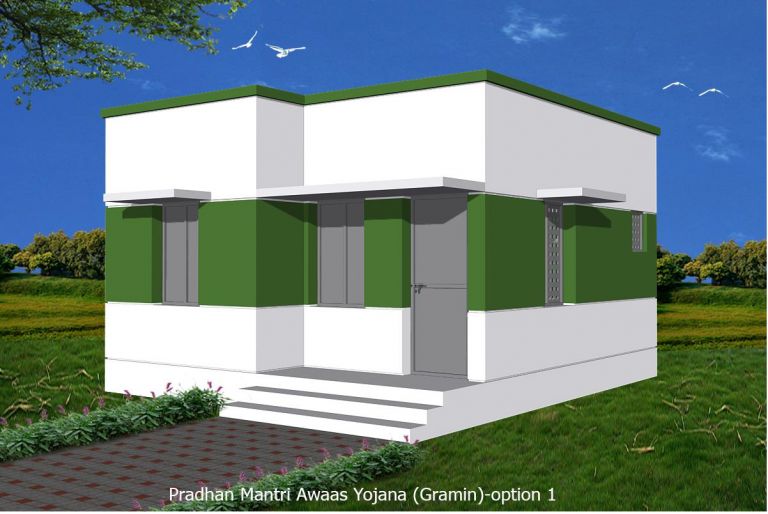 Illustration of a new green-and-white government-scheme house